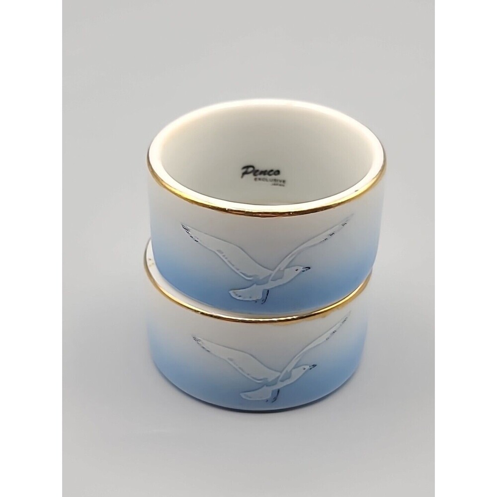 Vintage Penco Exclusive Seagull Porcelain Napkin Holder Blue Ombre Gold Rim Set